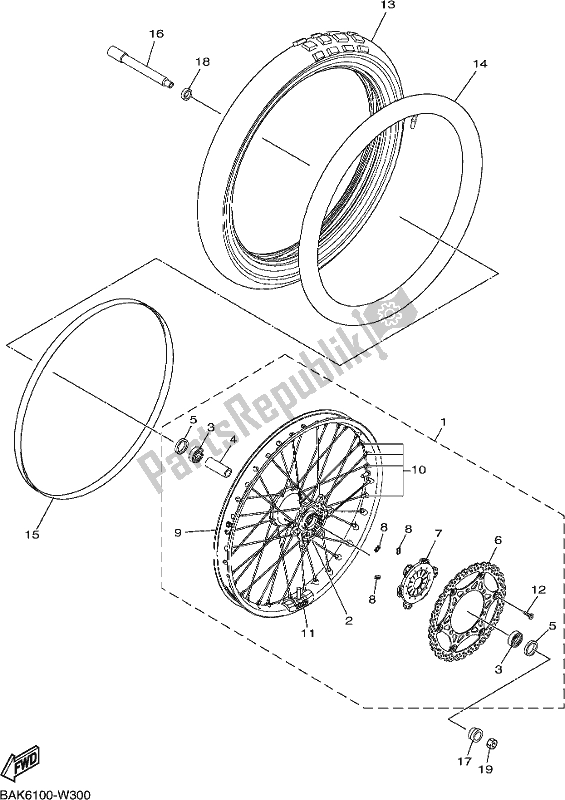 All parts for the Front Wheel of the Yamaha WR 250F 2021