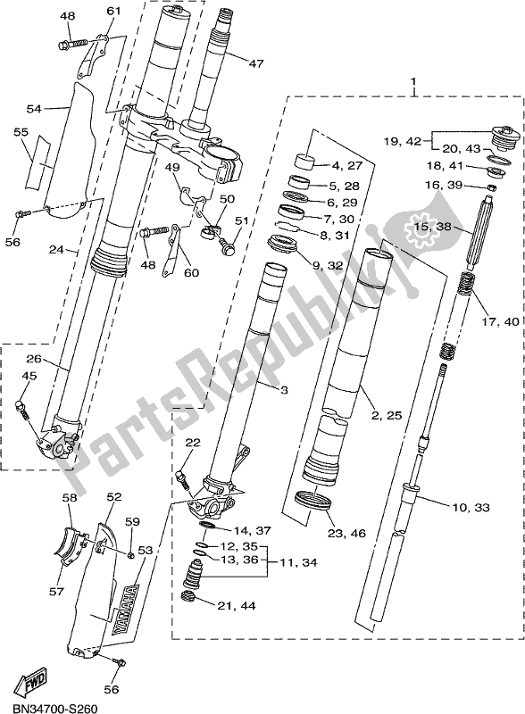 All parts for the Front Fork of the Yamaha WR 250R 2018