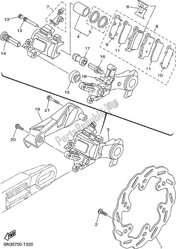 All parts for the Rear Brake Caliper of the Yamaha WR 250R 2020