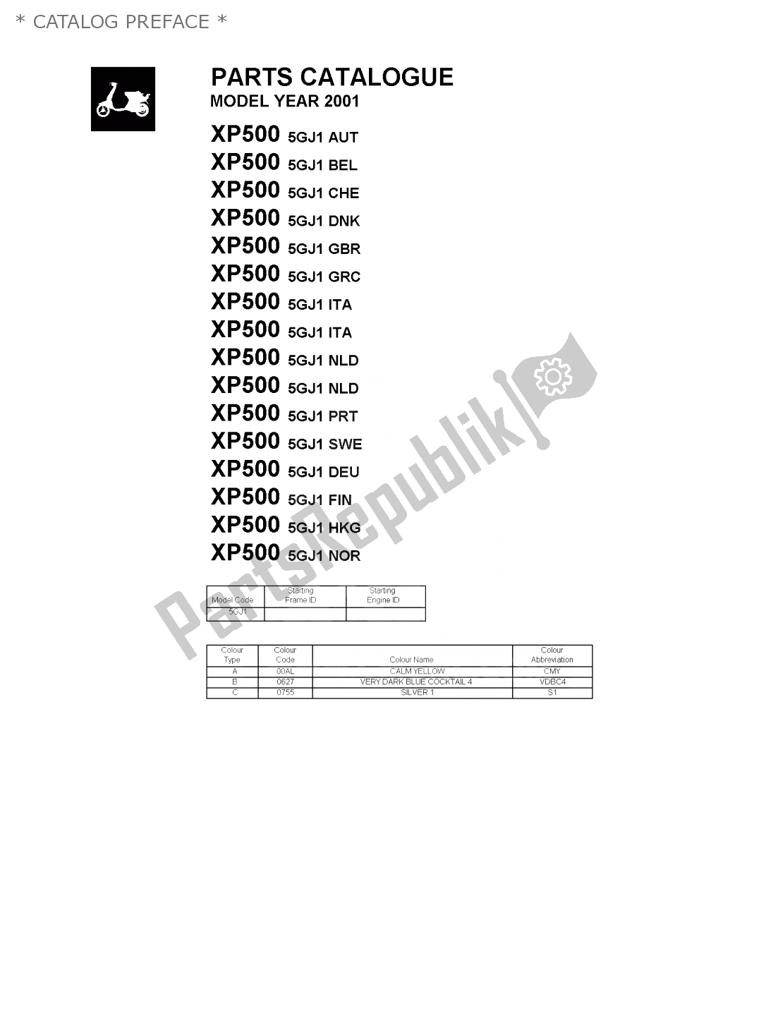 Tutte le parti per il * Catalog Preface * del Yamaha T-max 500 2001