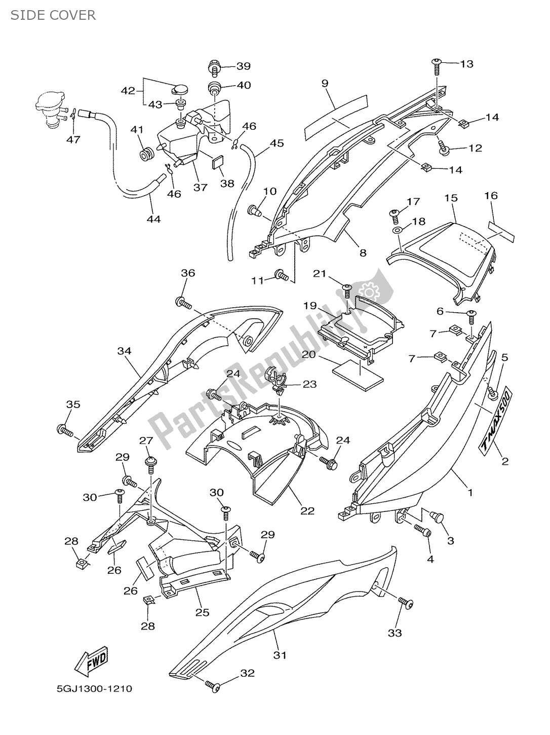 Tutte le parti per il Coperchio Laterale del Yamaha T-max 500 2001