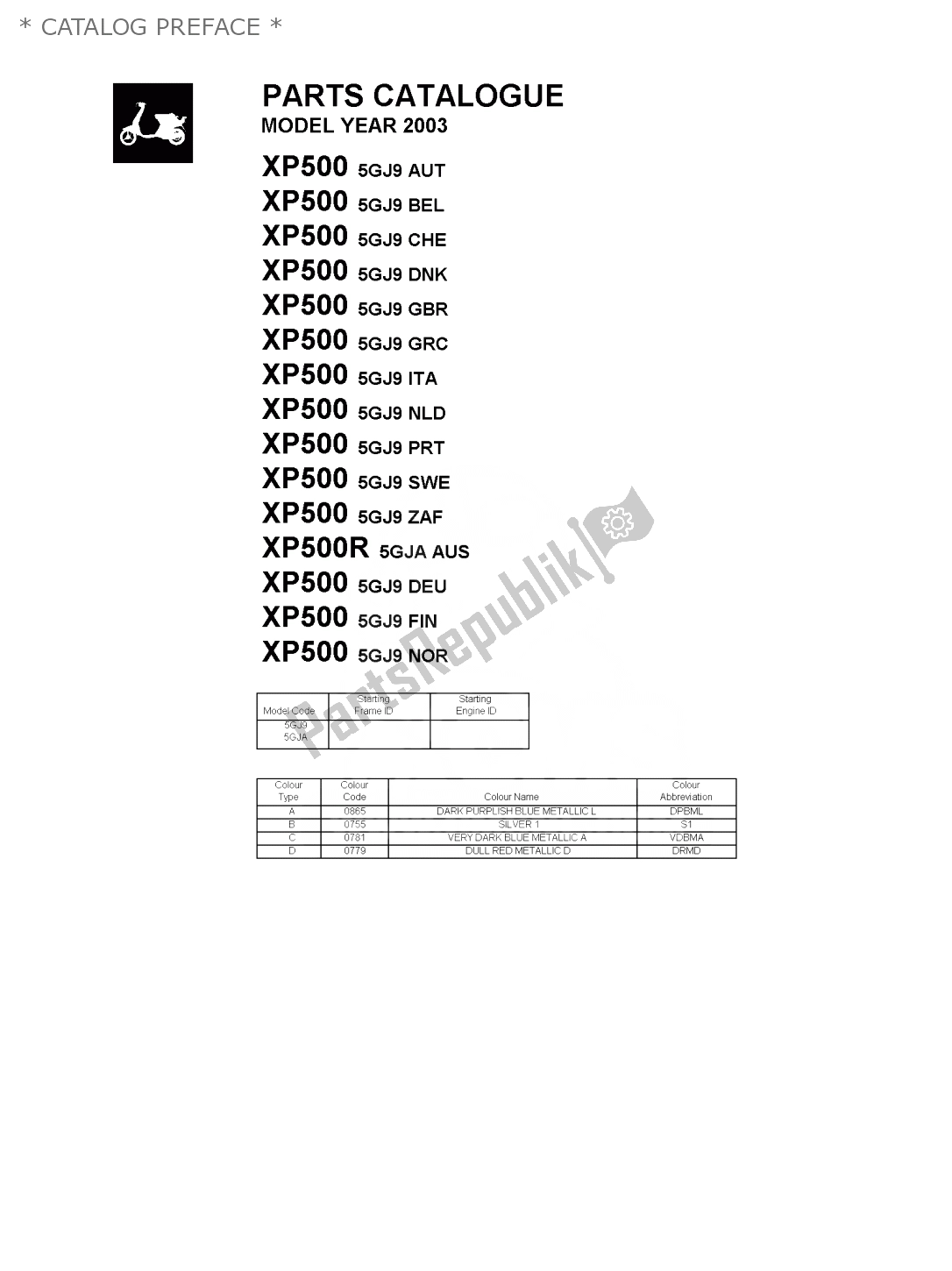 All parts for the * Catalog Preface * of the Yamaha T-max 500 2003