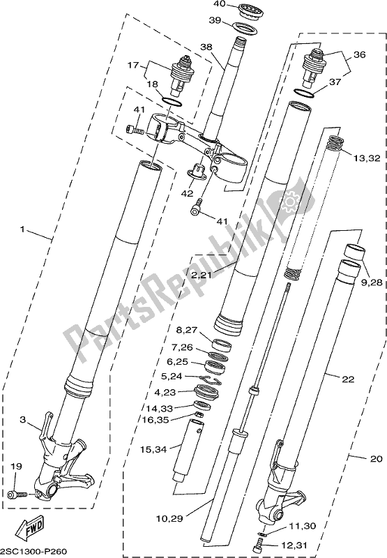 All parts for the Front Fork of the Yamaha XSR 900 AK MTM 850K 2019