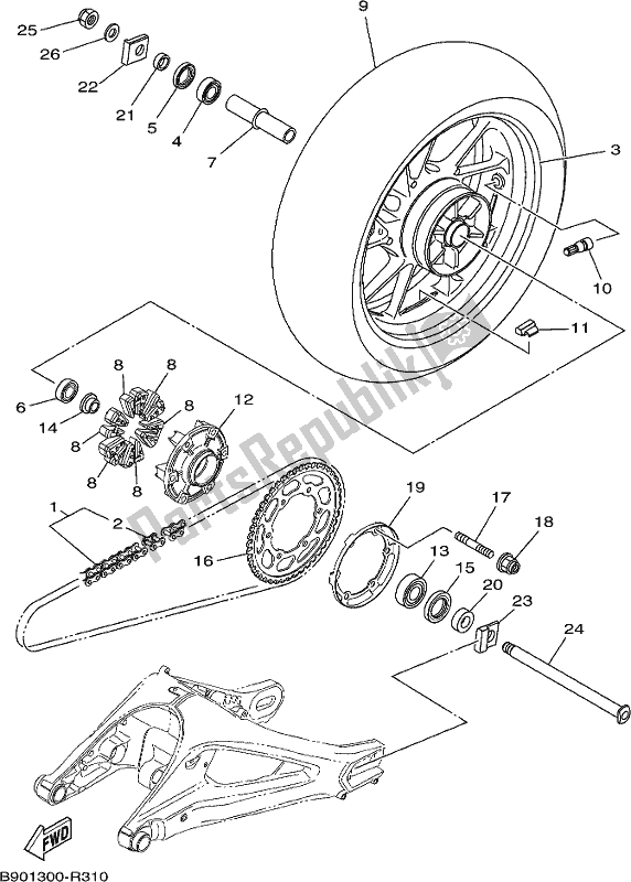 All parts for the Rear Wheel of the Yamaha XSR 900 AK MTM 850K 2019