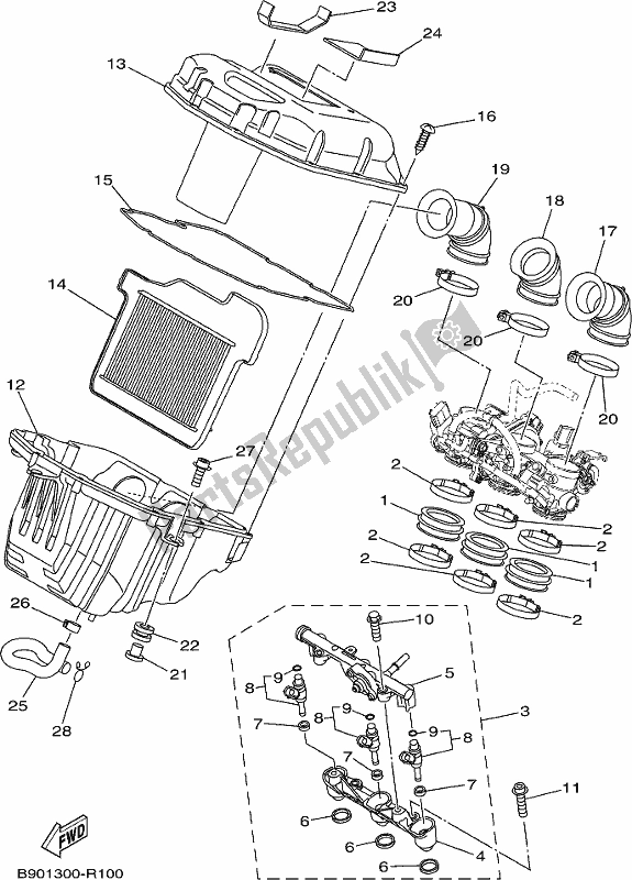 Alle onderdelen voor de Intake 2 van de Yamaha XSR 900 AL MTM 850L 2020
