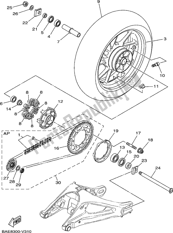 All parts for the Rear Wheel of the Yamaha XSR 900 AM MTM 850M 2021