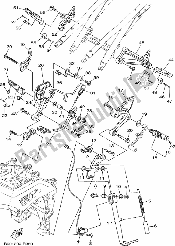 All parts for the Stand & Footrest of the Yamaha XSR 900 AM MTM 850M 2021