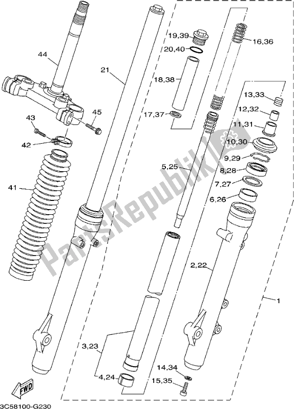 All parts for the Front Fork of the Yamaha XT 250 2017