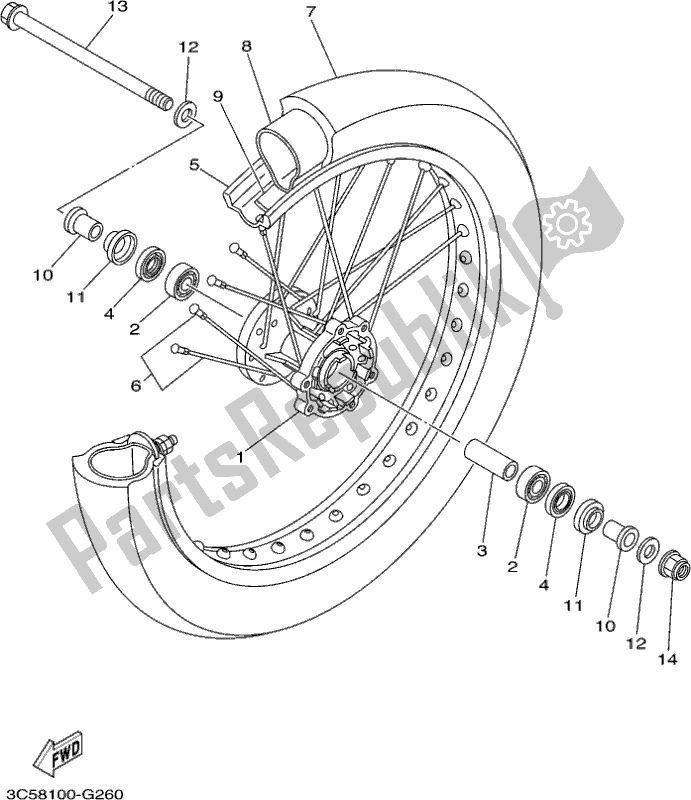 All parts for the Front Wheel of the Yamaha XT 250 2017