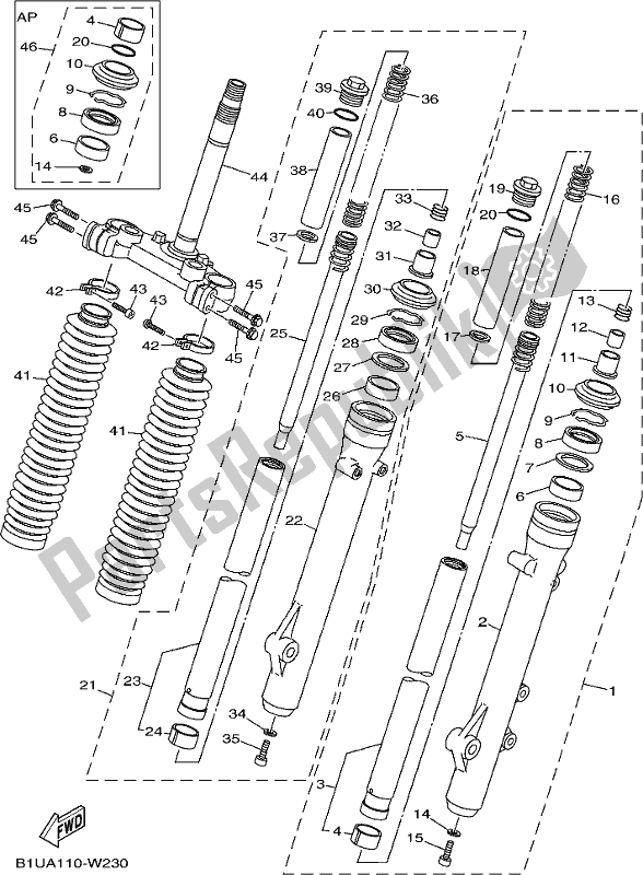 Alle onderdelen voor de Voorvork van de Yamaha XT 250 2021