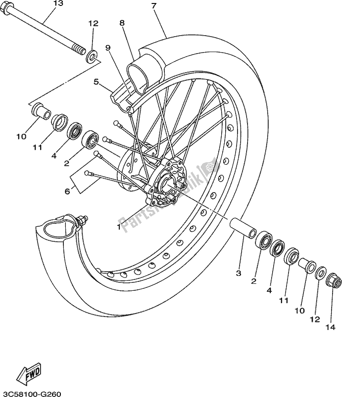 All parts for the Front Wheel of the Yamaha XT 250 2021