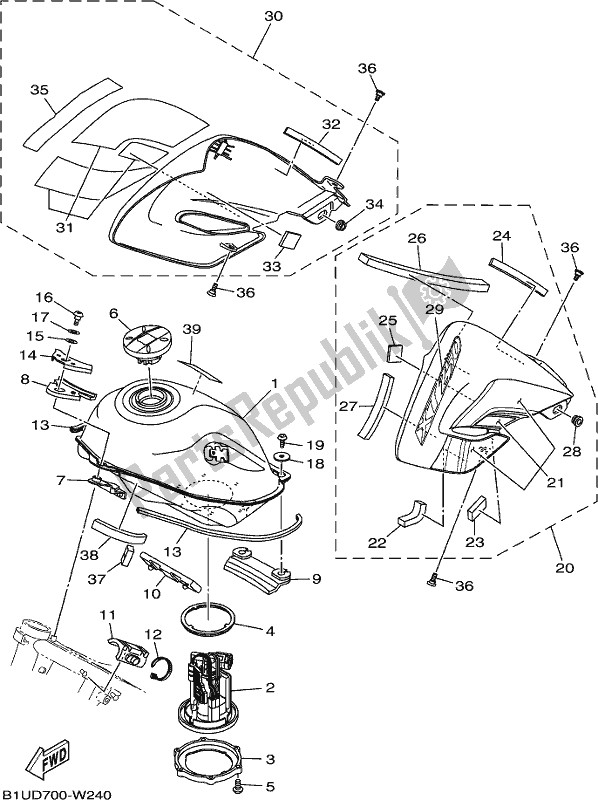 All parts for the Fuel Tank of the Yamaha XT 250 2021