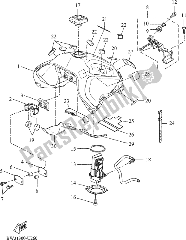 All parts for the Fuel Tank of the Yamaha Tenere 700 690 2020