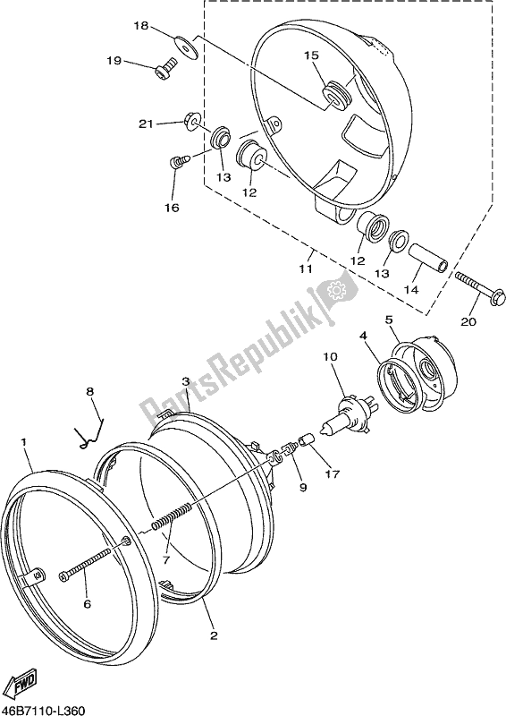 All parts for the Headlight of the Yamaha XV 250 2017