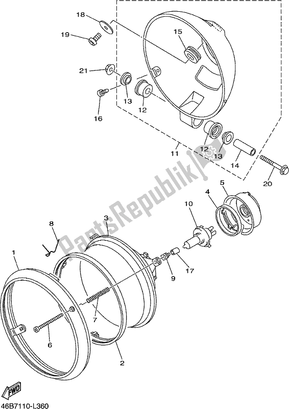 All parts for the Headlight of the Yamaha XV 250 2021