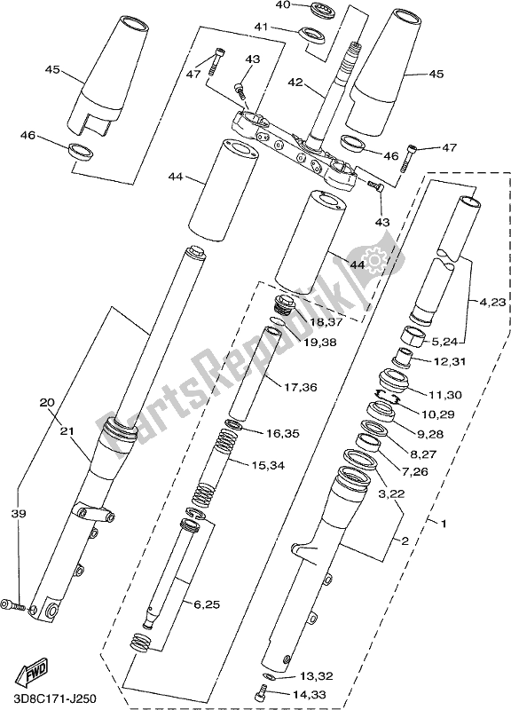 All parts for the Front Fork of the Yamaha XVS 1300A 2017