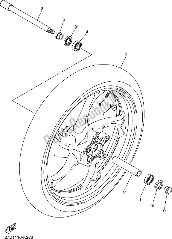 All parts for the Front Wheel of the Yamaha XVS 1300 CU 2018 All parts for the Front Wheel of the Yamaha XVS 1300 CU 2018