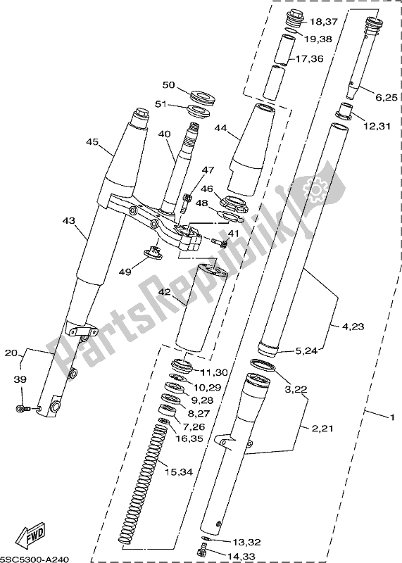 All parts for the Front Fork of the Yamaha XVS 650A 2017