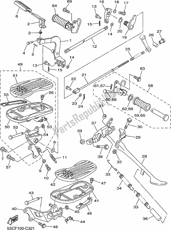 All parts for the Stand & Footrest of the Yamaha XVS 650A 2017