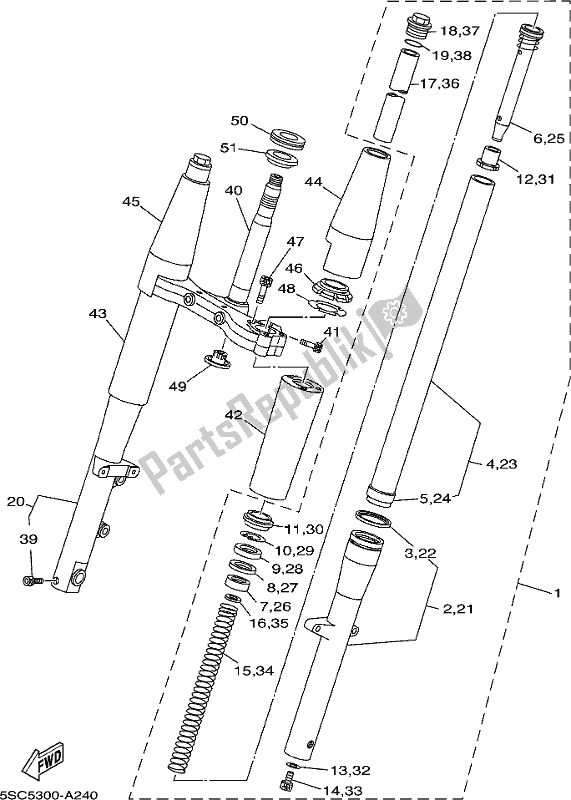 All parts for the Front Fork of the Yamaha XVS 650A 2018