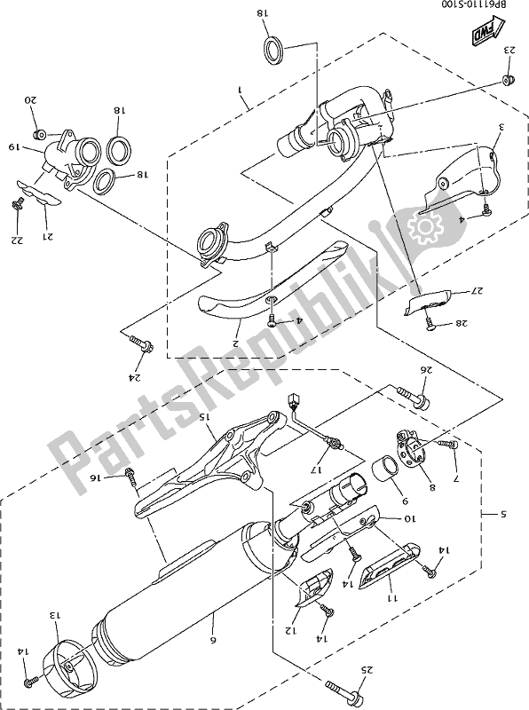 All parts for the Exhaust of the Yamaha XVS 950 CUD 2017