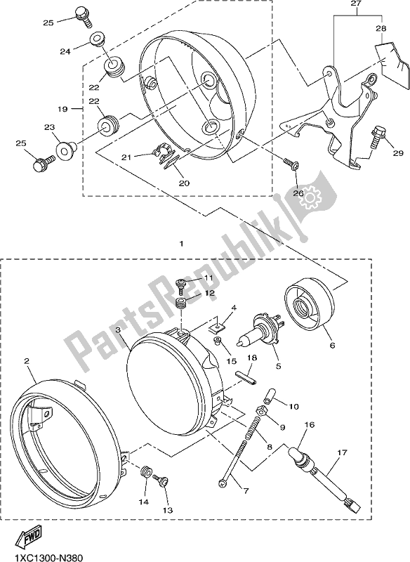 All parts for the Headlight of the Yamaha XVS 950 CUD 2017