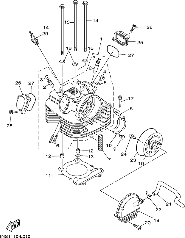 All parts for the Cylinder Head of the Yamaha YFM 350A 2021