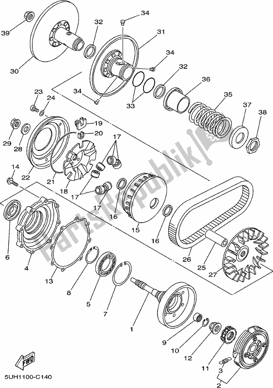 All parts for the Clutch of the Yamaha YFM 350A Grizzly 350 2 WD 2019