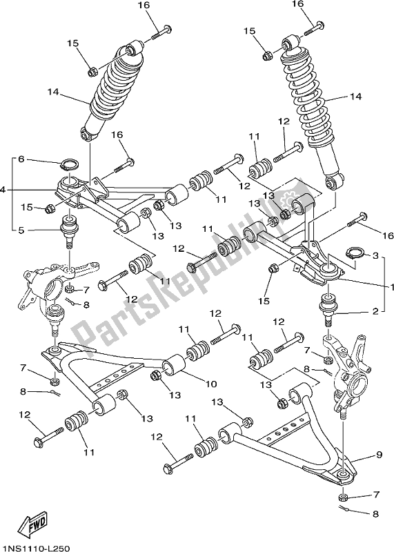 All parts for the Front Suspension & Wheel of the Yamaha YFM 350 FA Grizzly 4 WD 2019