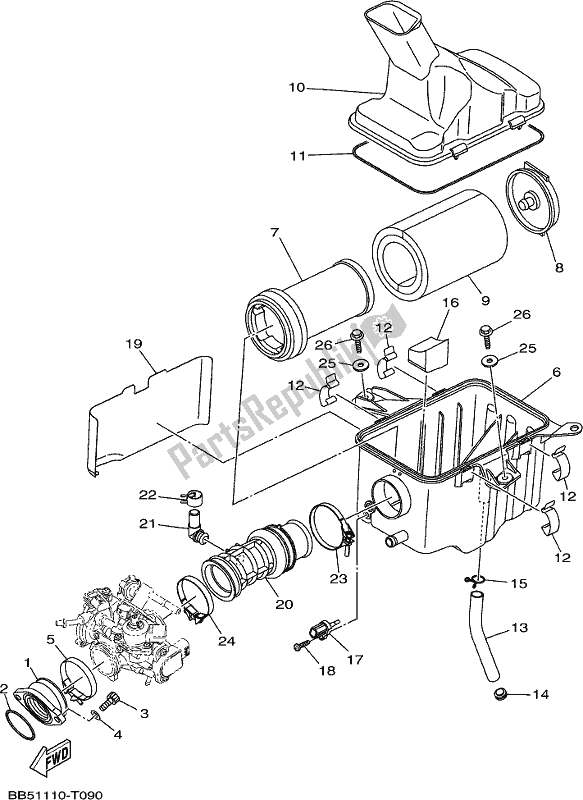 All parts for the Intake of the Yamaha YFM 450 FWB 2019