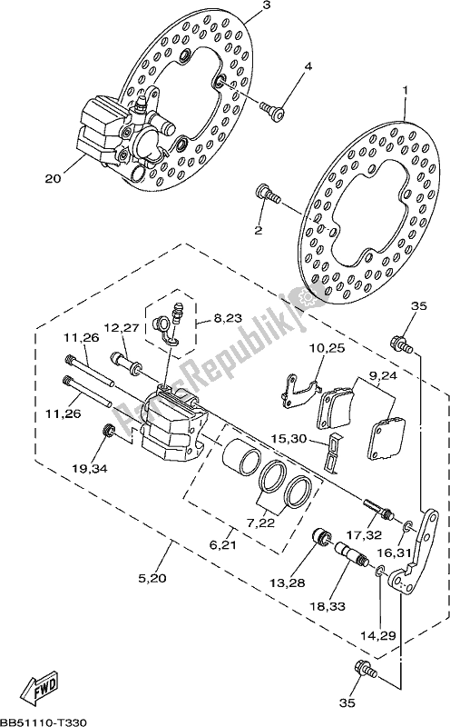 All parts for the Front Brake Caliper of the Yamaha YFM 450 FWB 2020