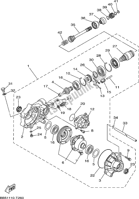 All parts for the Front Differential of the Yamaha YFM 450 FWB 2020