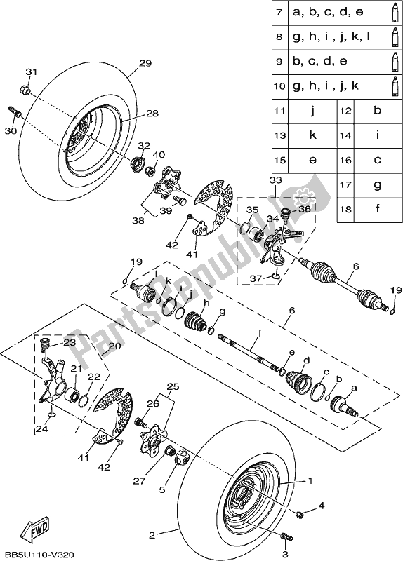 All parts for the Front Wheel of the Yamaha YFM 450 FWB 2020