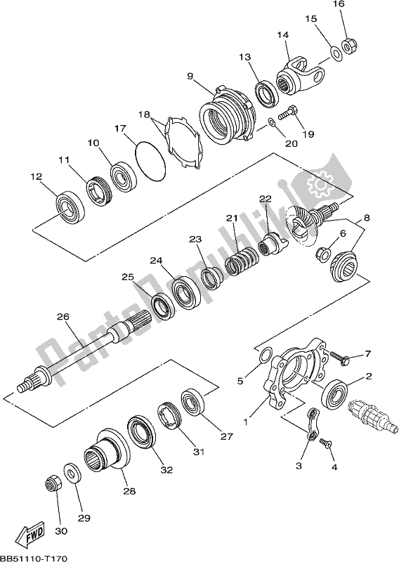 All parts for the Middle Drive Gear of the Yamaha YFM 450 FWB 2020