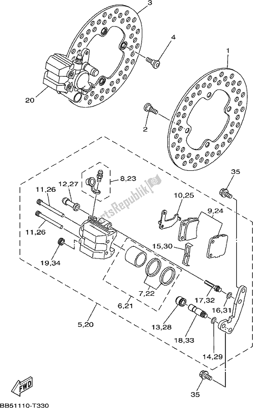 All parts for the Front Brake Caliper of the Yamaha YFM 450 FWB Kodiak 2018