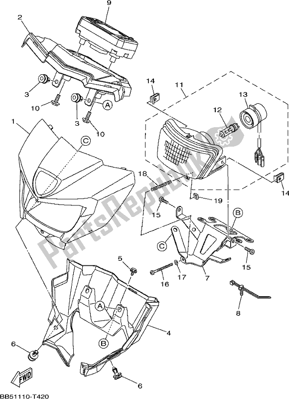 All parts for the Headlight 2 of the Yamaha YFM 450 Fwbd 2018