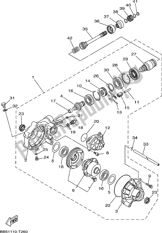 All parts for the Front Differential of the Yamaha YFM 450 Fwbd 2019
