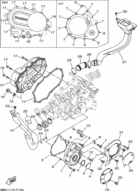 Alle onderdelen voor de Carterdeksel 1 van de Yamaha YFM 450 Fwbd Kodiak 2020