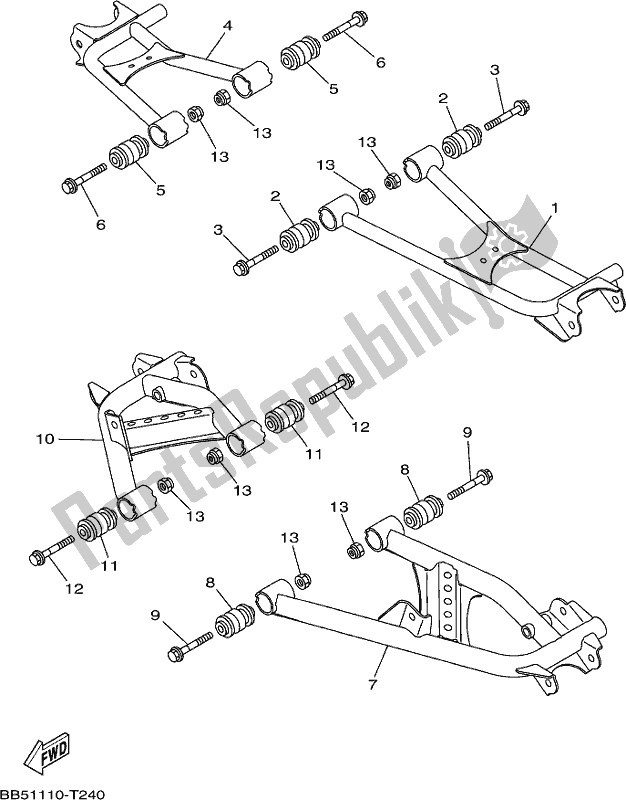 Alle onderdelen voor de Achterste Arm van de Yamaha YFM 450 Fwbd Kodiak 2020