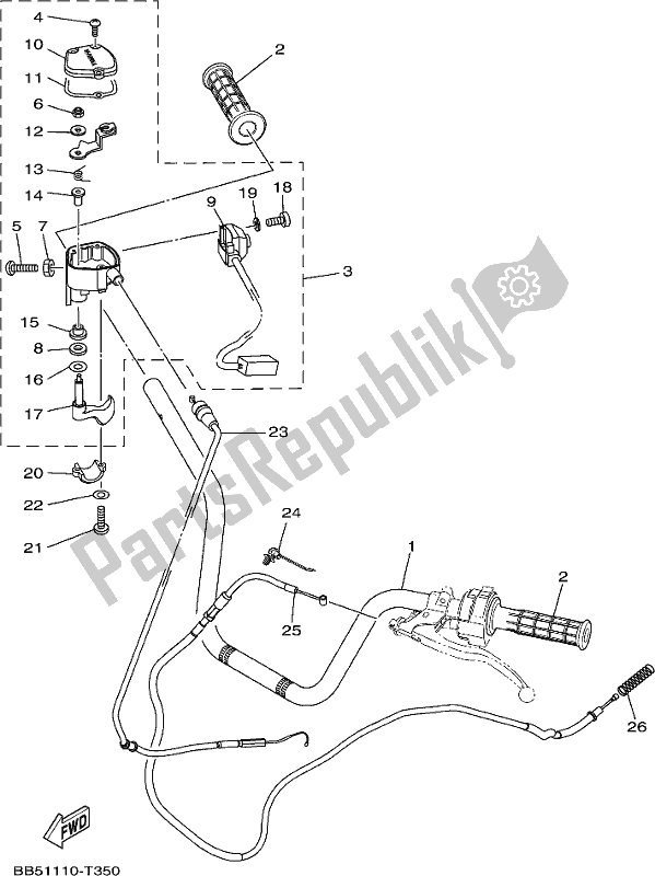 Alle onderdelen voor de Stuurhendel En Kabel van de Yamaha YFM 450 Fwbd Kodiak 2020