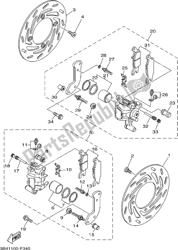 All parts for the Front Brake Caliper of the Yamaha YFM 700 FAP 2017