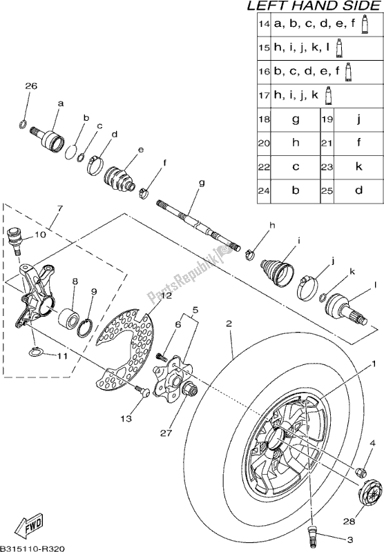 All parts for the Front Wheel of the Yamaha YFM 700 FAP 2017