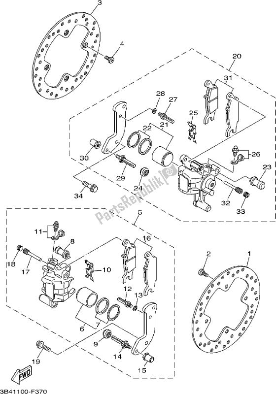 All parts for the Rear Brake Caliper of the Yamaha YFM 700 FAP 2017