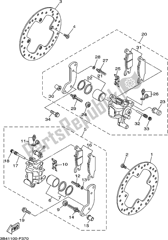 All parts for the Rear Brake Caliper of the Yamaha YFM 700 Fapck Camo Grizzly 2019