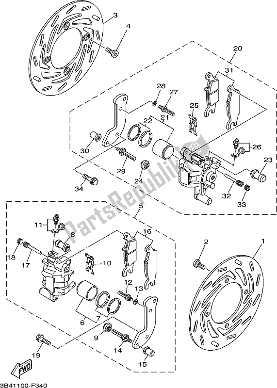 All parts for the Front Brake Caliper of the Yamaha YFM 700 FBJ Blue 2018