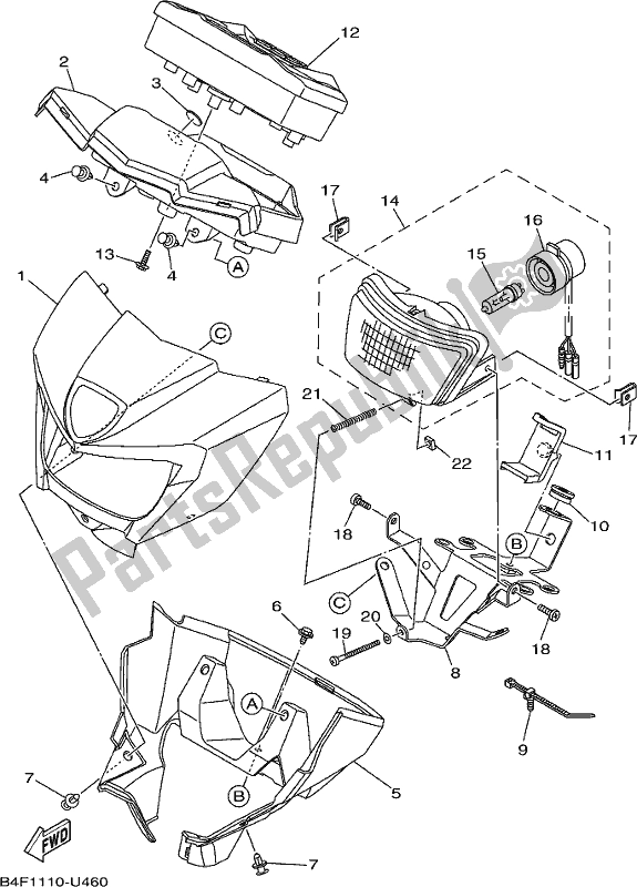 All parts for the Headlight 2 of the Yamaha YFM 700 FBP 2019