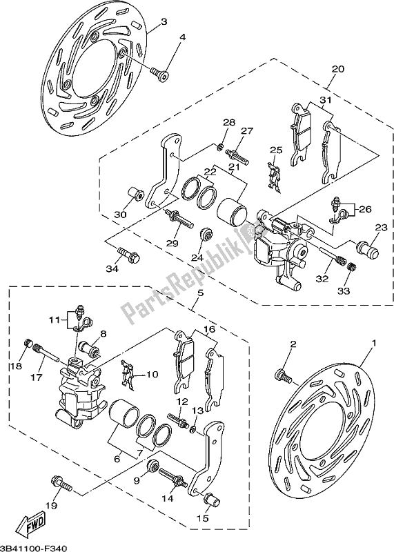 All parts for the Front Brake Caliper of the Yamaha YFM 700 FBP Kodiak PS Auto 4 WD 2020