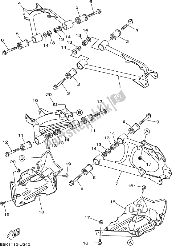 Toutes les pièces pour le Bras Arrière du Yamaha YFM 700 FBP Kodiak PS Auto 4 WD 2020