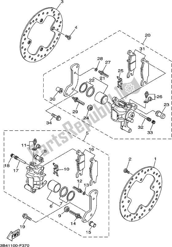 All parts for the Rear Brake Caliper of the Yamaha YFM 700 Fbpj Camo 2018