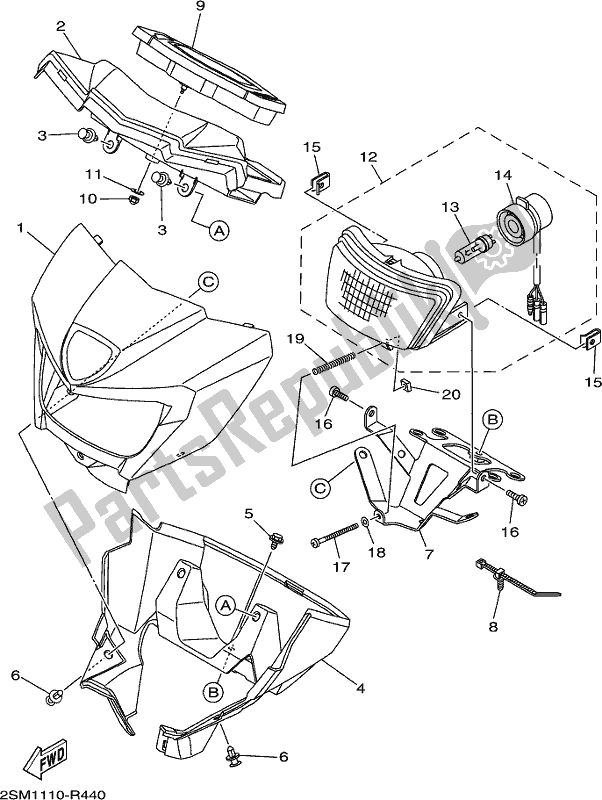 Alle onderdelen voor de Koplamp 2 van de Yamaha YFM 700 Fbpse 2018